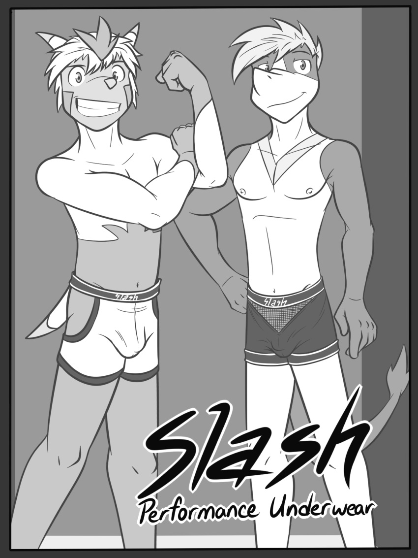 abstract_background anthro anthrofied boxer_briefs bras_d'honneur bulge cid_(fuze) clothed clothing duo english_text fuze gesture greyscale hi_res male monochrome navel nintendo nipples pok&eacute;mon pok&eacute;mon_(species) pok&eacute;morph quilladin servine text topless underwear underwear_only video_games