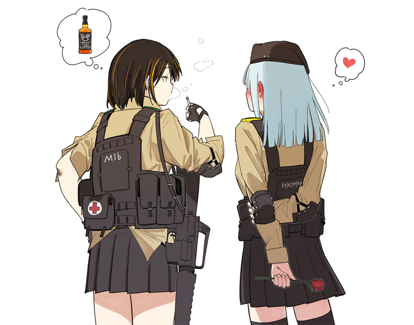 2girls alcohol arms_behind_back assault_rifle beret black_gloves black_skirt blunt_ends blush bottle breasts brown_hair bulletproof_vest cigarette collared_shirt commentary_request cowboy_shot ear_blush elbow_pads english_commentary fingerless_gloves flower from_behind full-face_blush girls_frontline gloves gun hand_on_hip hand_on_own_arm hand_up hat heart hk416_(girls_frontline) holding holding_cigarette holding_flower huqu imagining implied_yuri jack_daniel's korean_commentary load_bearing_vest long_hair long_sleeves looking_at_another m16a1 m16a1_(girls_frontline) medium_hair military military_uniform miniskirt mixed-language_commentary multicolored_hair multiple_girls orange_hair pleated_skirt red_cross rifle rose shirt side-by-side sidelocks silver_hair simple_background skirt sling smoke smoking streaked_hair tactical_clothes thighhighs thought_bubble uniform weapon whiskey white_background yellow_eyes yellow_shirt younger