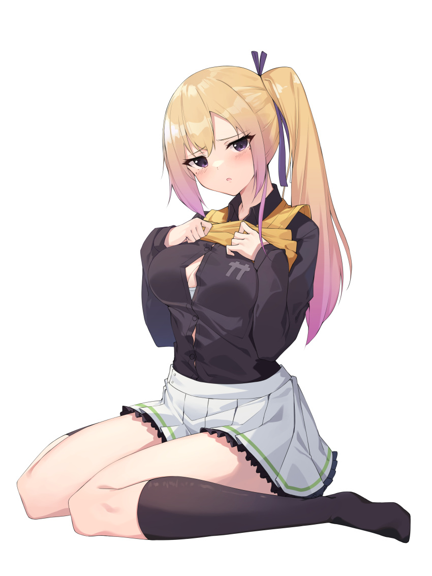 1girl absurdres black_legwear black_shirt blonde_hair bra bra_peek breasts button_gap frown gradient_hair hair_ribbon hands_on_own_chest highres kawakami_mai kneehighs long_hair long_sleeves looking_at_viewer medium_breasts miniskirt multicolored_hair musaigen_no_phantom_world no_shoes pleated_skirt ponytail purple_eyes ribbon shirt simple_background sitting skirt solo sweater_vest underwear wariza white_background white_skirt z_loader