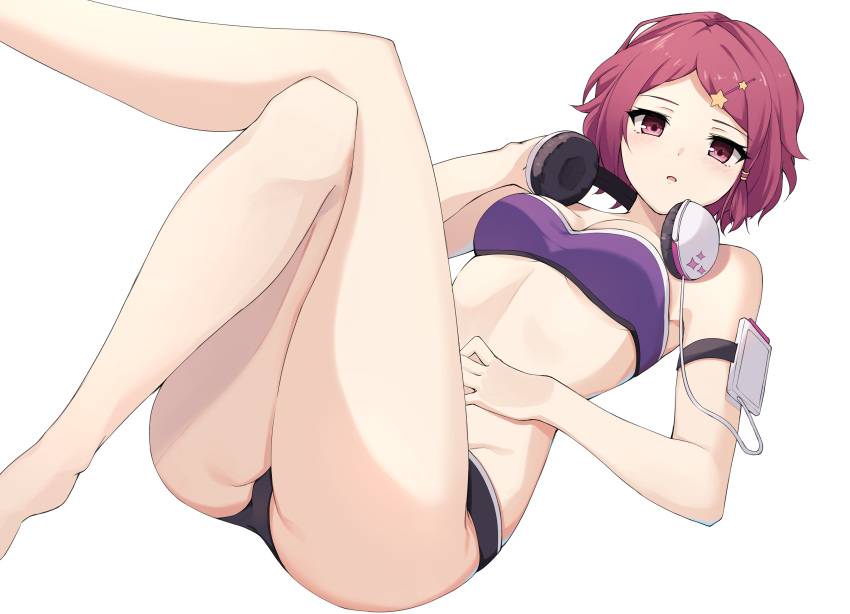 1girl absurdres arm_strap ass bangs bare_legs bare_shoulders black_panties bra breasts groin hand_on_own_stomach headphones headphones_around_neck highres knees_up leg_up looking_at_viewer medium_breasts minase_koito musaigen_no_phantom_world panties parted_bangs parted_lips pink_hair purple_bra red_eyes short_hair solo stomach strapless strapless_bra thighs underwear z_loader