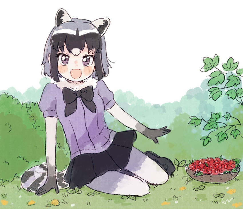 1girl animal_ears black_neckwear black_skirt blue_eyes blue_sweater blush bow bowl bowtie bush common_raccoon_(kemono_friends) elbow_gloves extra_ears eyebrows_visible_through_hair fang food fruit fur_collar gloves grass grey_gloves grey_hair grey_legwear highres kemono_friends looking_at_viewer multicolored_hair open_mouth pantyhose pleated_skirt puffy_short_sleeves puffy_sleeves raccoon_ears raccoon_girl raccoon_tail raspberry san_sami short_hair short_sleeves simple_background sitting skirt solo sweater tail white_fur white_hair yokozuwari