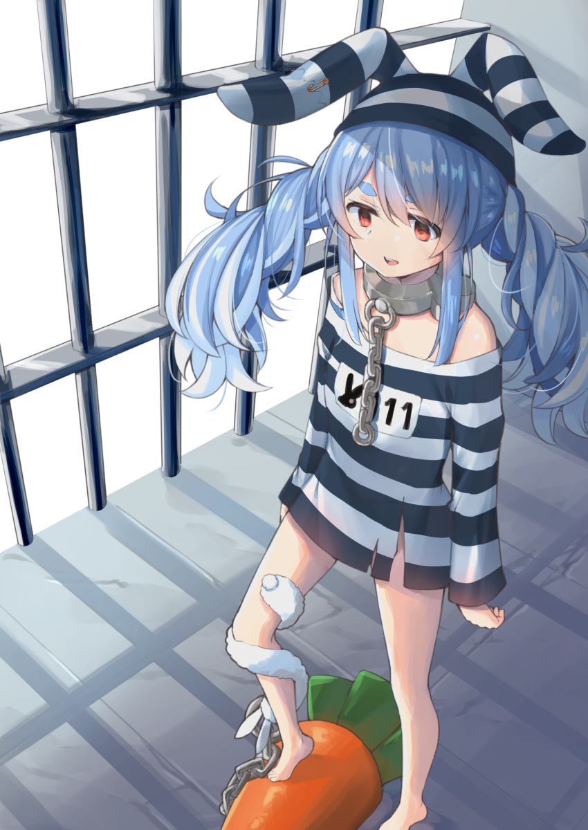1girl absurdres animal_ears blue_hair breasts bunny_ears chain commentary_request don-chan_(usada_pekora) full_body highres hololive kaname_(melaninusa09) legs looking_to_the_side messy_hair multicolored_hair off_shoulder official_alternate_costume open_mouth orange_eyes oversized_clothes oversized_shirt prison_cell prison_clothes prisoner rabbit_girl shadow shirt short_eyebrows sidelocks small_breasts solo streaked_hair striped striped_headwear striped_shirt thick_eyebrows torn_clothes twintails usada_pekora virtual_youtuber white_hair