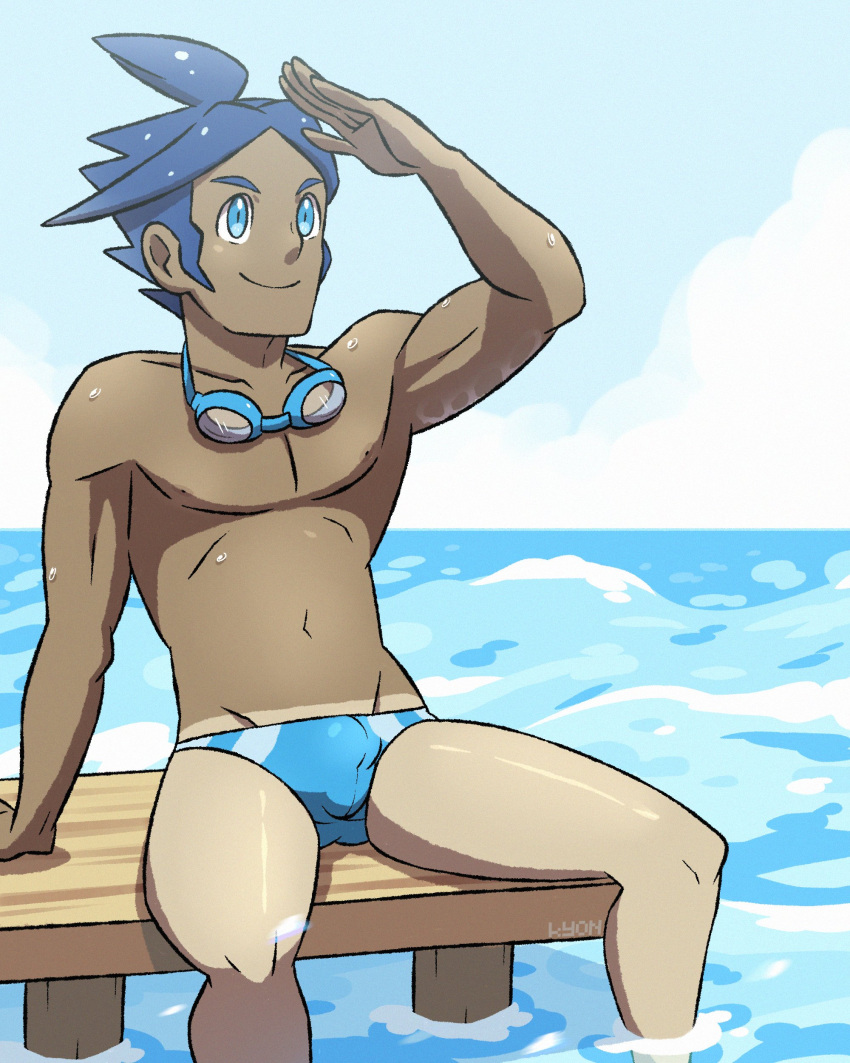 1boy absurdres arm_support arm_up bangs blue_eyes blue_hair bulge closed_mouth cloud collarbone commentary cowlick english_commentary goggles goggles_around_neck gym_leader highres knees kyonart looking_up male_focus male_swimwear marlon_(pokemon) outdoors pokemon pokemon_(game) pokemon_bw2 sitting sky smile solo spread_legs swept_bangs swim_briefs swimwear tan tanline water