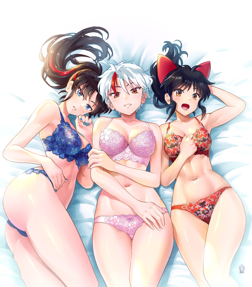 3girls blue_eyes blue_nails bra breasts ge_xi han'you_no_yashahime highres higurashi_towa inuyasha lingerie looking_at_viewer moroha multicolored_hair multiple_girls navel orange_eyes panties ponytail red_eyes setsuna_(inuyasha) underwear underwear_only