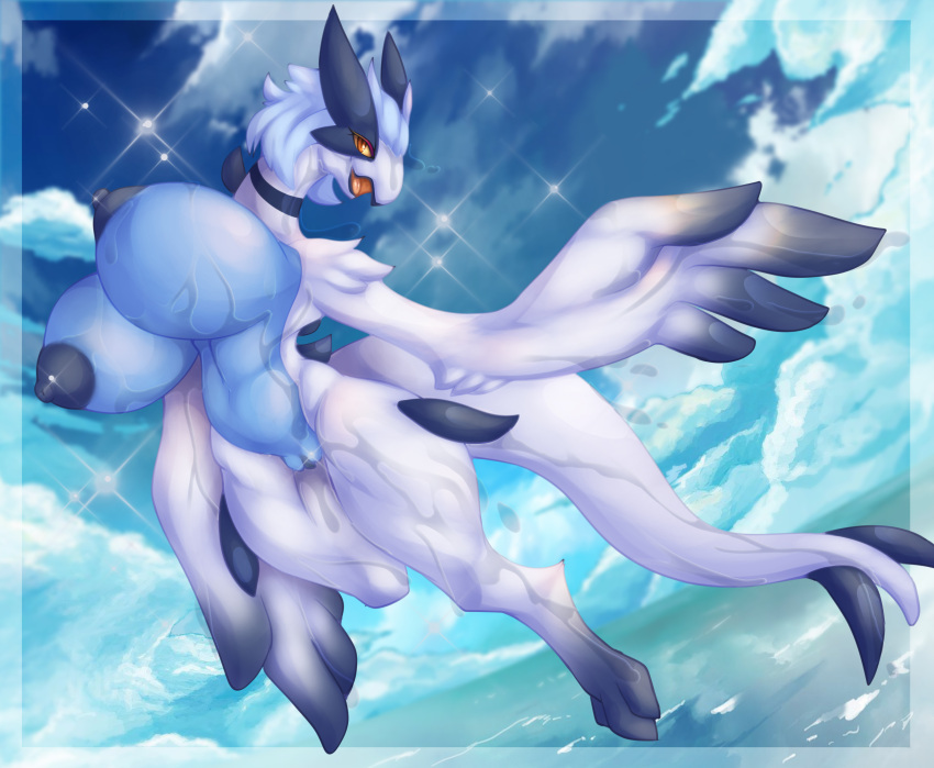 absurd_res anthro anthrofied artist-apprentice587 bedroom_eyes big_breasts blue_hair blush bodily_fluids breasts curvy_figure eyelashes female flying genital_fluids genitals hair hi_res huge_breasts legendary_pok&eacute;mon lugia mature_anthro mature_female narrowed_eyes nintendo nipples non-mammal_breasts nude pok&eacute;mon pok&eacute;mon_(species) pussy pussy_juice seductive sky smile solo video_games voluptuous wet winged_arms wings