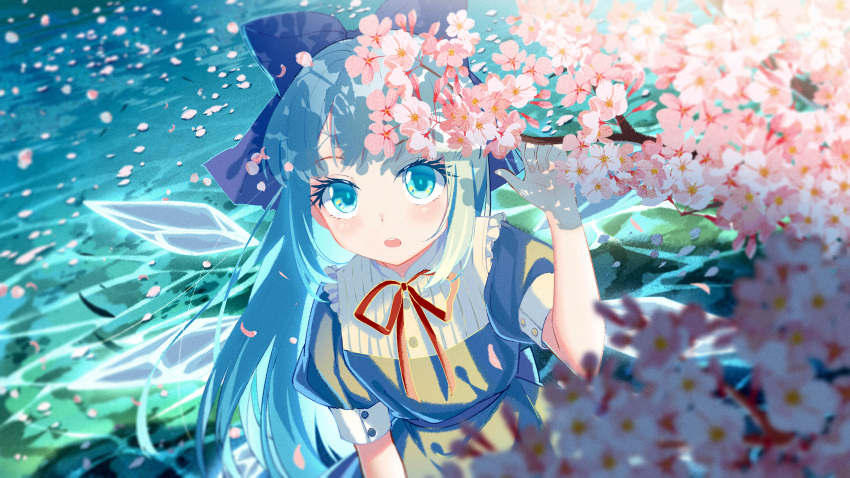 absurdres adapted_costume alternate_hair_length alternate_hairstyle blue_bow blue_dress blue_eyes blue_hair blush bow cherry_blossoms cirno commentary_request detached_wings dress flower hand_up highres ice ice_wings jiege long_hair looking_at_viewer neck_ribbon outdoors petals petals_on_liquid red_neckwear ribbon river short_sleeves touhou tree upper_body water wings