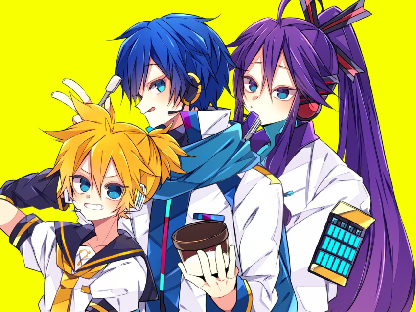 3boys :p arm_warmers armor bass_clef black_collar black_sleeves blue_eyes blue_hair blue_scarf coat collar collared_shirt commentary cup grin hair_ornament hair_stick hand_in_hair hand_up headphones headset holding holding_cup holding_spoon ice_cream_cup japanese_clothes kagamine_len kaho_0102 kaito kaito_(vocaloid3) kamui_gakupo long_hair looking_at_viewer male_focus multiple_boys ponytail purple_hair sailor_collar scarf school_uniform shirt short_ponytail short_sleeves shoulder_armor sideways_glance smile spiked_hair spoon tongue tongue_out v-shaped_eyebrows very_long_hair vocaloid w white_coat white_robe white_shirt yellow_background