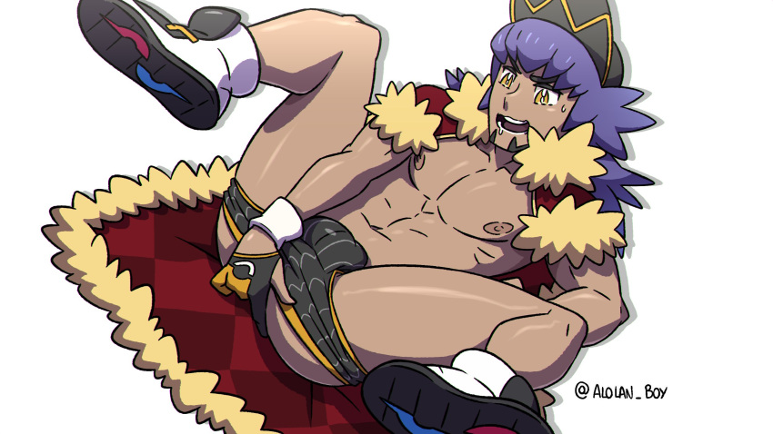 1boy abs ass bangs baseball_cap briefs bulge cape commentary dark_skin dark_skinned_male english_commentary facial_hair fur-trimmed_cape fur_trim gloves hat highres implied_fingering kyonart legs_up leon_(pokemon) long_hair lying male_focus male_underwear mouth_drool navel nipples on_back open_mouth partially_fingerless_gloves pokemon pokemon_(game) pokemon_swsh purple_hair red_cape shiny shiny_skin shirtless shoes smile solo spread_legs sweatdrop teeth tongue underwear white_wristband yellow_eyes