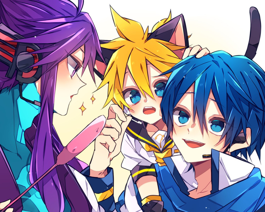 3boys animal_ears arm_warmers bass_clef black_collar blonde_hair blue_bodysuit blue_eyes blue_hair blue_scarf bodysuit cat_ears cat_tail cat_teaser coat collar collared_shirt commentary headphones headset highres kagamine_len kaho_0102 kaito kamui_gakupo long_hair looking_at_another male_focus multiple_boys necktie on_shoulder open_mouth purple_hair sailor_collar scarf school_uniform shirt short_hair sidelocks smile sparkle spiked_hair tail upper_body vocaloid white_coat white_shirt yellow_neckwear