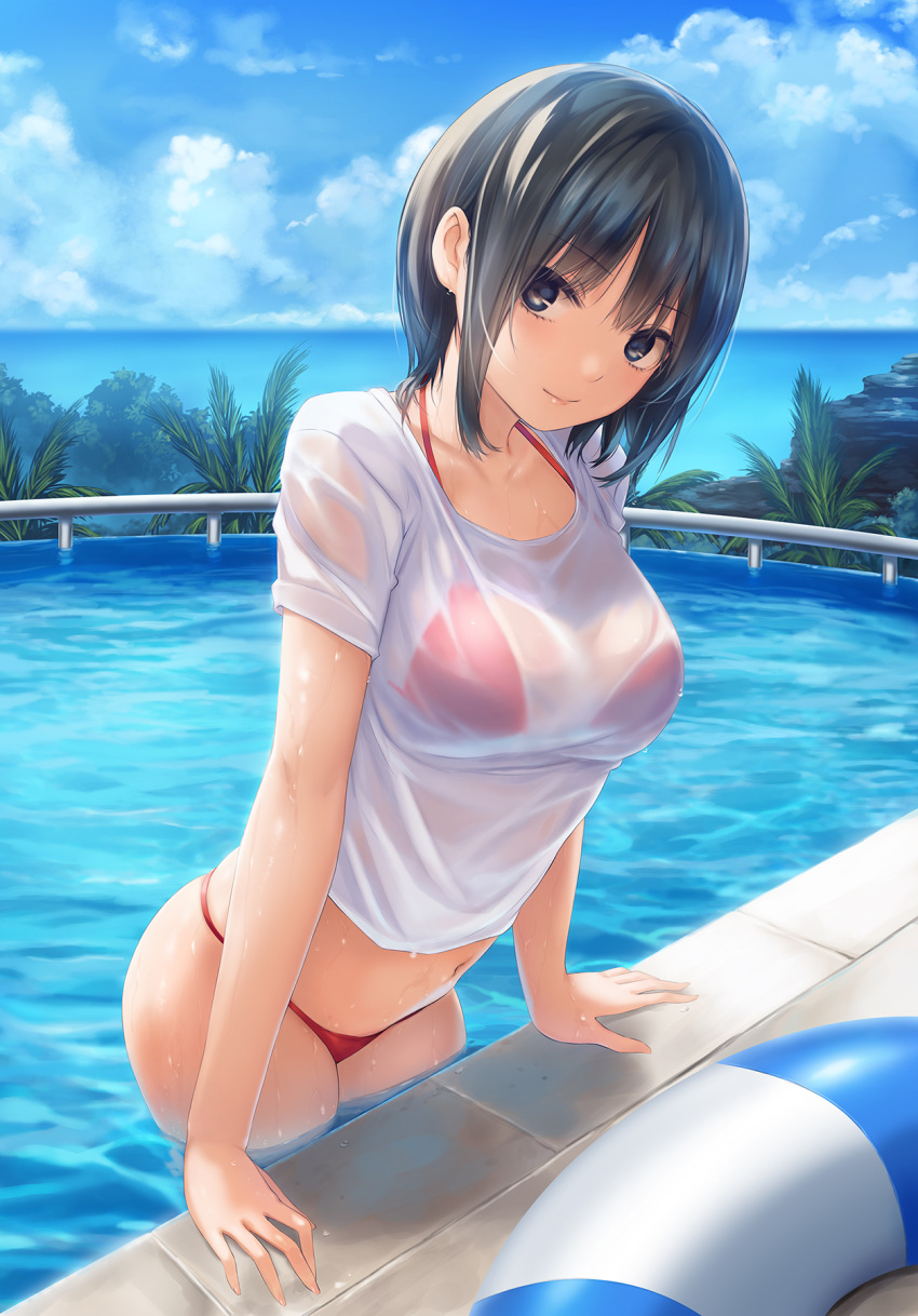 1girl aoyama_sumika bangs bikini black_eyes black_hair blue_sky breasts closed_mouth cloud cloudy_sky coffee-kizoku collarbone commentary day eyebrows_visible_through_hair highres innertube light_smile looking_at_viewer medium_breasts navel ocean original outdoors partially_submerged pool red_bikini see-through shiny shiny_hair shiny_skin shirt short_hair short_sleeves sky solo swimsuit t-shirt thighs water water_drop wet wet_clothes wet_shirt wet_t-shirt
