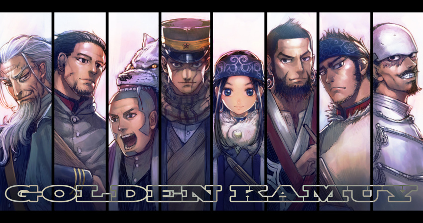 1girl 6+boys asirpa beard black_eyes black_hair blue_eyes boyaking buzz_cut chest_hair copyright_name earrings facial_hair forehead_protector fur_trim goatee golden_kamuy grey_hair grin hat headband hijikata_toshizou_(golden_kamuy) jewelry kepi kiroranke long_sleeves looking_at_viewer military military_hat military_uniform multiple_boys ogata_hyakunosuke old old_man open_mouth scar scar_on_cheek scar_on_face scar_on_nose scarf shiraishi_yoshitake short_hair sideburns simple_background smile sugimoto_saichi tanigaki_genjirou tsurumi_tokushirou uniform upper_body very_short_hair white_background white_hair wolf wrinkled_skin