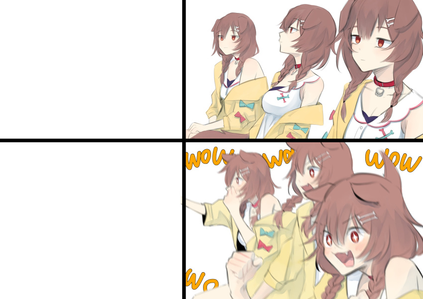 +_+ 1girl absurdres animal_ears blush bored breasts brown_eyes brown_hair clenched_hands daiishori dog_ears dog_girl dress excited fang gaijin_4koma highres hololive inugami_korone medium_breasts meme motion_blur multiple_views open_mouth sitting sweater template virtual_youtuber white_dress yellow_sweater