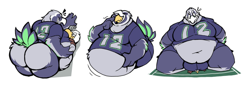 2020 abdominal_bulge abstract_background absurd_res accipitrid accipitriform american_football anthro anthro_domination anthro_pred anthro_prey avian bald_eagle ball_smother beak belly biceps big_belly big_bulge big_butt big_pecs bird blitz_the_seahawk blue_body blue_feathers boot_(artist) bottomwear brown_body brown_feathers bulge butt clothing digital_media_(artwork) domination duo eagle eyes_closed feather_hands feathered_wings feathers front_view frown grey_body grey_feathers hand_on_stomach hi_res holding_belly huge_butt huge_thighs jersey kneeling macro male male_domination male_pred male_prey mascot motion_lines multicolored_body multicolored_feathers multiple_angles multiple_images musclegut muscular muscular_anthro muscular_male nfl obese obese_anthro obese_male open_beak open_mouth open_smile oral_vore osprey overweight overweight_anthro overweight_male pecs rear_view sea_eagle seahawk seattle_seahawks shorts size_difference smile smirk smothering smug soft_vore sport swallowing swoop_(philadelphia_eagles) tail_feathers thick_thighs topwear vore white_beak white_body white_feathers wide_hips wings yellow_beak