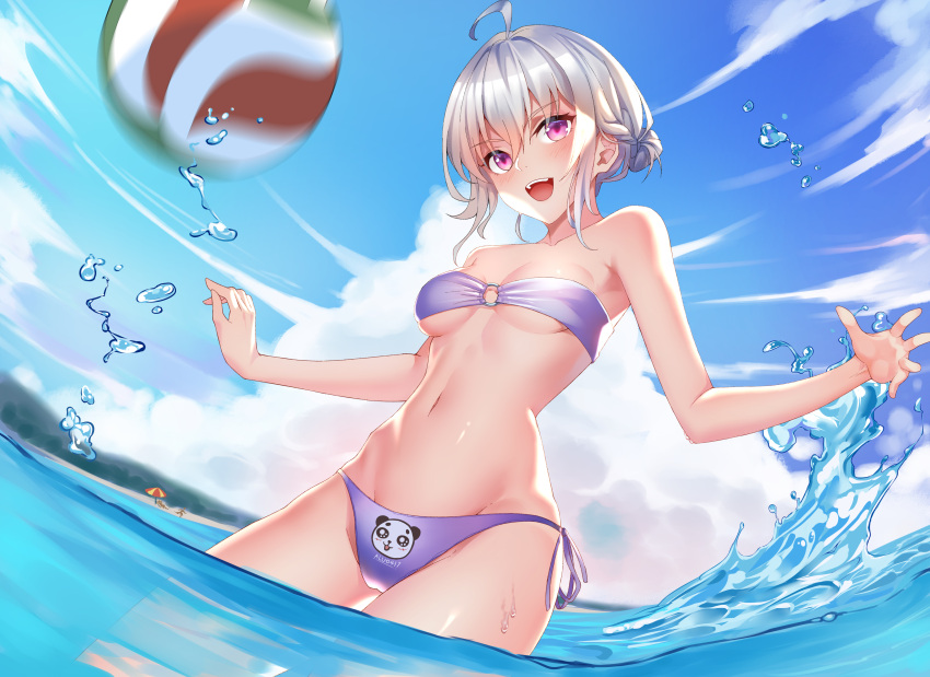 1girl :d absurdres ahoge aluo_7762 animal_print bandeau bangs bare_arms bare_shoulders bear_print bikini blue_sky breasts cloud cowboy_shot day eyebrows_visible_through_hair groin hair_between_eyes head_tilt highres looking_at_viewer navel o-ring o-ring_bikini open_mouth original outdoors panda_print pink_eyes purple_bikini short_hair side-tie_bikini silver_hair sky small_breasts smile solo standing stomach strapless strapless_bikini swimsuit thighs volleyball wading water