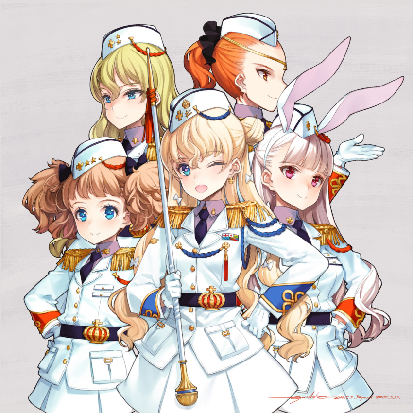 5girls absurdres animal_ears bangs bedivere_(eiyuu_senki) blonde_hair blue_eyes blunt_bangs blush brown_hair bunny_ears crown dated double_bun earrings eiyuu_senki epaulettes garrison_cap gloves grey_background hair_ornament hand_on_hip hat highres jewelry king_arthur_(eiyuu_senki) long_hair looking_at_viewer military military_uniform mordred_(eiyuu_senki) multiple_girls one_eye_closed orange_eyes orange_hair oyari_ashito pink_eyes ponytail revision scepter signature simple_background sir_kay_(eiyuu_senki) sir_percival_(eiyuu_senki) smile twintails uniform upper_body white_gloves white_hair