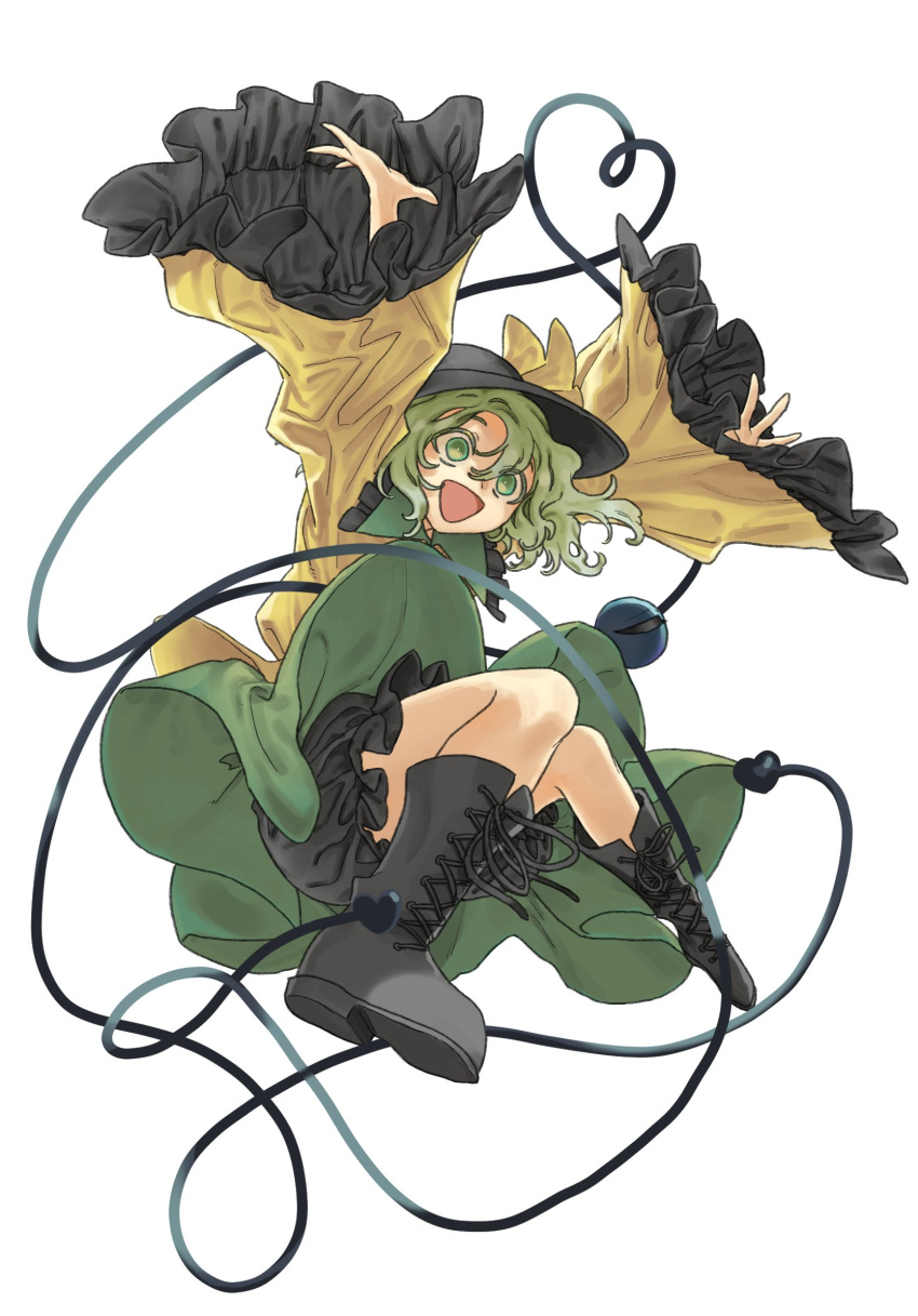 1girl :d alien_(psr992) bangs black_footwear black_headwear bloomers boots cross-laced_footwear frilled_sleeves frills full_body green_eyes green_hair green_skirt hair_between_eyes hat hat_ribbon heart heart_of_string highres komeiji_koishi long_sleeves open_mouth ribbon shirt short_hair simple_background skirt smile solo symbol_commentary third_eye touhou underwear white_background wide_sleeves yellow_ribbon yellow_shirt