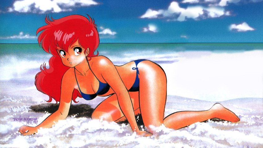 1980s_(style) 1girl akaishizawa_takashi all_fours artist_name barefoot beach bikini blue_bikini dated day halter_top halterneck highres long_hair magami_eiko ocean official_art outdoors parted_lips project_a-ko red_eyes red_hair retro_artstyle side-tie_bikini solo swimsuit traditional_media water