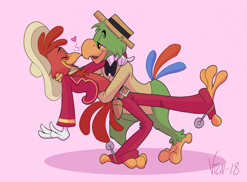 &lt;3 avian bird clothing dancing digital_media_(artwork) disney eyes_closed feathers green_body green_feathers half-closed_eyes hat headgear headwear jos&eacute;_carioca male male/male narrowed_eyes panchito_pistoles parrot red_body red_feathers romantic_couple simple_background tail_feathers the_three_caballeros vicnor