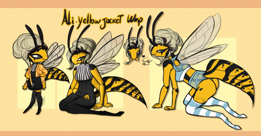 &lt;3 antennae_(anatomy) anthro arthropod biped butt character_name clothed clothing english_text female fully_clothed hair hymenopteran insect jacket long_socks looking_at_viewer mandibles model_sheet multiple_poses pose sitting solo species_name standing stinger temptingglow text topwear two_piece wasp wings