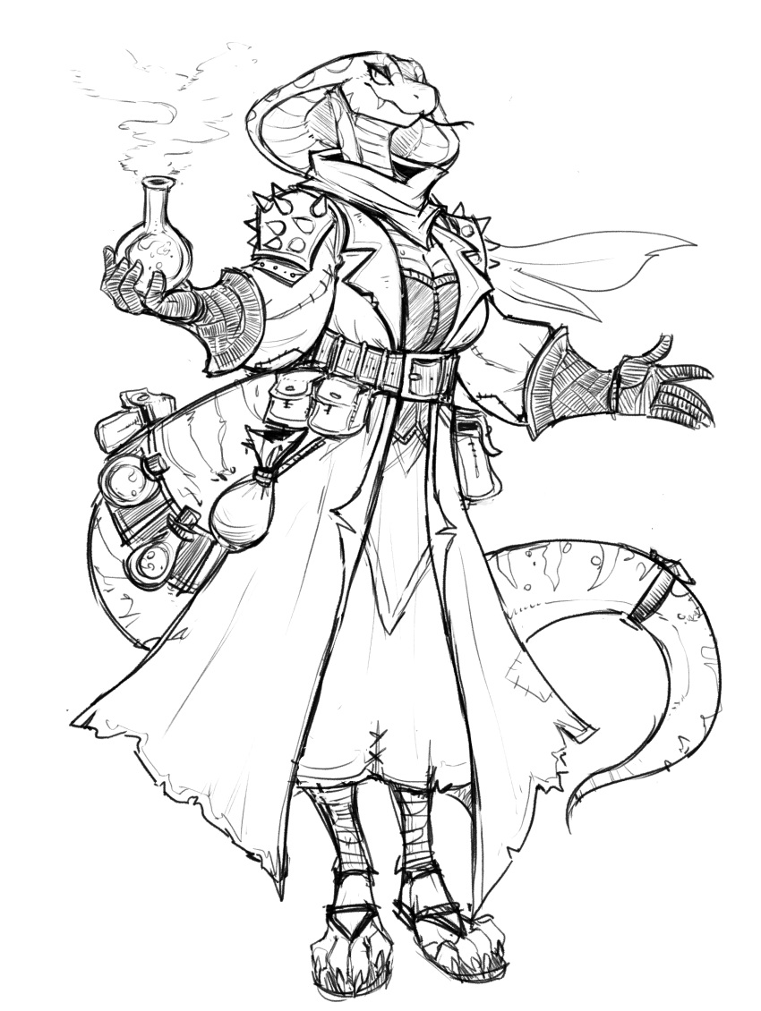 alchemist anthro black_and_white breasts cleavage clothed clothing duster_coat fangs female flask footwear forked_tongue furgonomics gloves guoh handwear hi_res monochrome non-mammal_breasts reptile sandals scalie scarf smile smirk snake snake_hood solo tongue