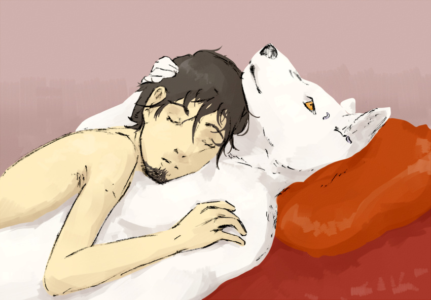 9x9 affectionate anthro bed canid canine canis duo facial_hair furniture hug human lying male male/male mammal nude piercing pillow sleeping stroking_head wolf yellow_eyes