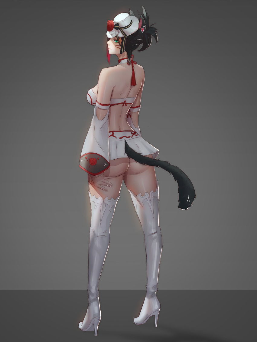1girl animal_ears ass back bare_shoulders black_hair boots breasts cat_ears cat_tail commission detached_sleeves english_commentary facial_mark final_fantasy final_fantasy_xiv from_behind full_body green_eyes high_heel_boots high_heels highres inhoso large_breasts looking_at_viewer marie_makise multicolored_hair second-party_source short_hair smile solo standing tail thigh_boots thighhighs tilted_headwear two-tone_hair white_headwear