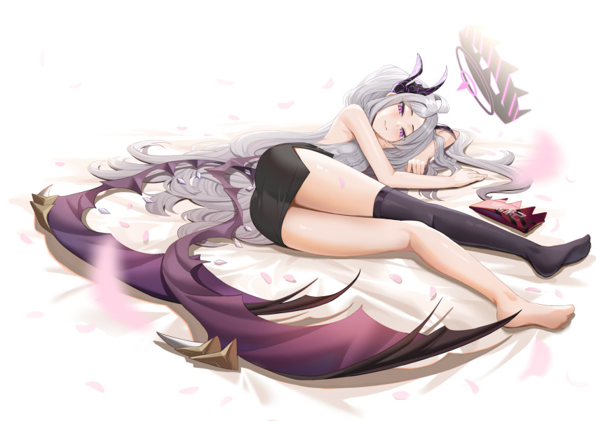 ass blue_archive gray_hair long_hair nishitaka purple_eyes skirt tagme_(character) thighhighs wings