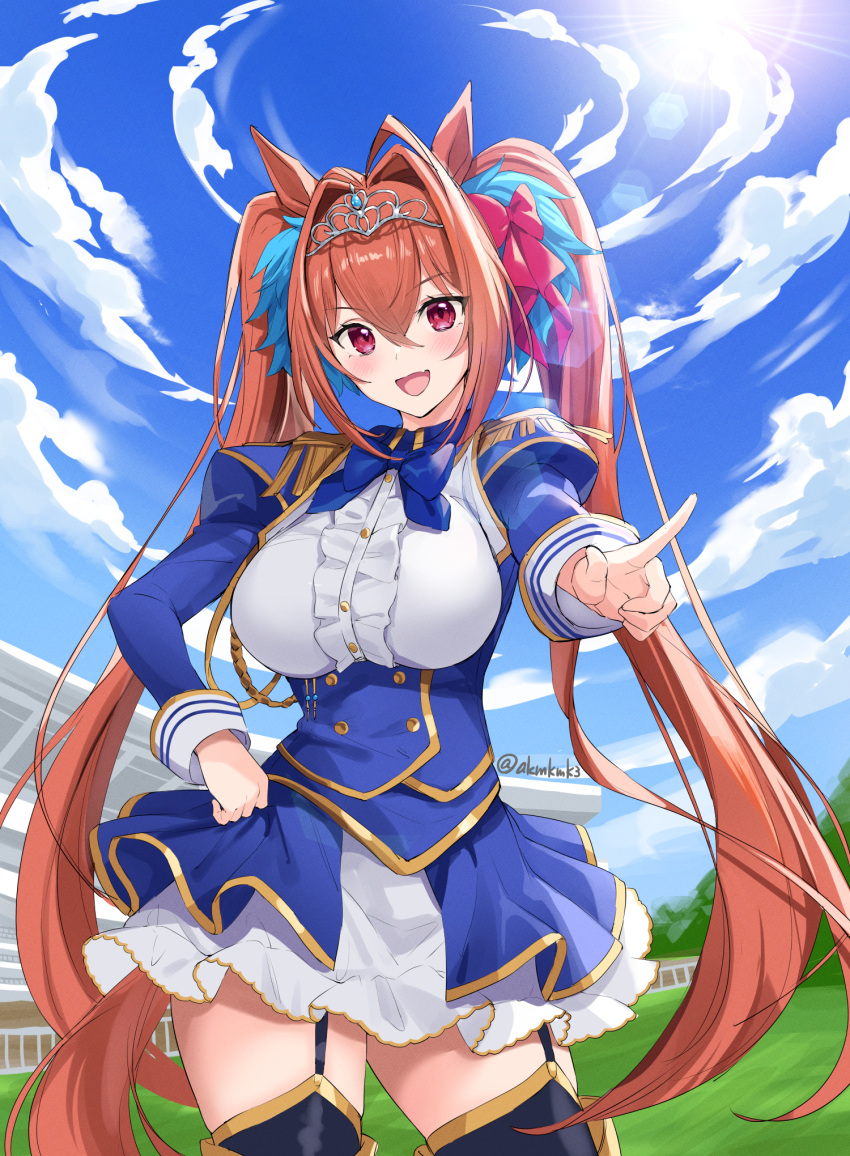 1girl :d ahoge black_garter_straps black_legwear blue_corset blue_jacket blue_neckwear blue_skirt blue_sky blush bow bowtie breasts brown_hair cloud commentary_request curcumin daiwa_scarlet_(umamusume) day fang grass hair_between_eyes hand_on_hip highres jacket juliet_sleeves large_breasts long_hair long_sleeves open_mouth outdoors pointing puffy_sleeves red_eyes shirt skirt sky smile solo thighhighs twintails twitter_username umamusume very_long_hair white_shirt white_skirt zettai_ryouiki
