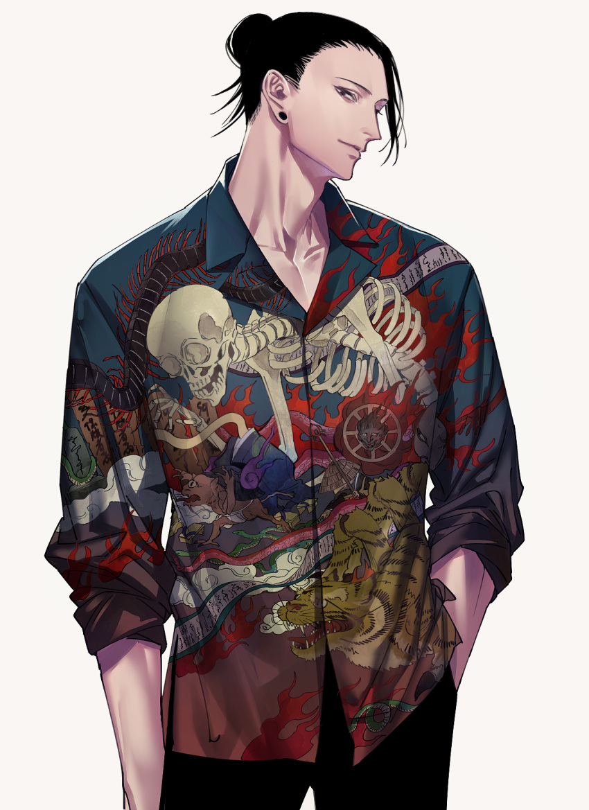 1boy black_hair black_pants bug centipede collared_shirt cowboy_shot earrings flame_print getou_suguru grey_eyes hair_bun hand_in_pocket highres jewelry jujutsu_kaisen kappa long_sleeves looking_at_viewer male_focus pants print_shirt scroll shirt skeleton skeleton_print sleeves_rolled_up snake solo standing stud_earrings tenobe tentacles tsuchigumo tsurime youkai