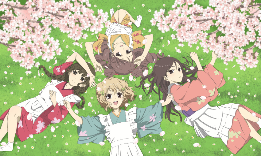 4girls hanasaku_iroha japanese_clothes kimono maid_apron matsumae_ohana oshimizu_nako tsurugi_minko wakura_yuina