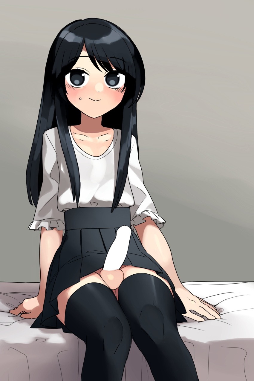 1boy absurdres bed black_eyes black_hair black_legwear black_skirt blank_censor blush censored closed_mouth collarbone commentary_request crossdressing eyebrows_visible_through_hair frilled_sleeves frills grey_background highres initsukkii looking_at_viewer on_bed original otoko_no_ko penis pleated_skirt shirt simple_background sitting sitting_on_bed skirt smile solo sweat testicles thighhighs white_shirt
