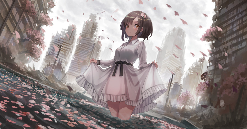 building cherry_blossoms city clouds dress flowers original ruins short_hair sky water yu_ni_t