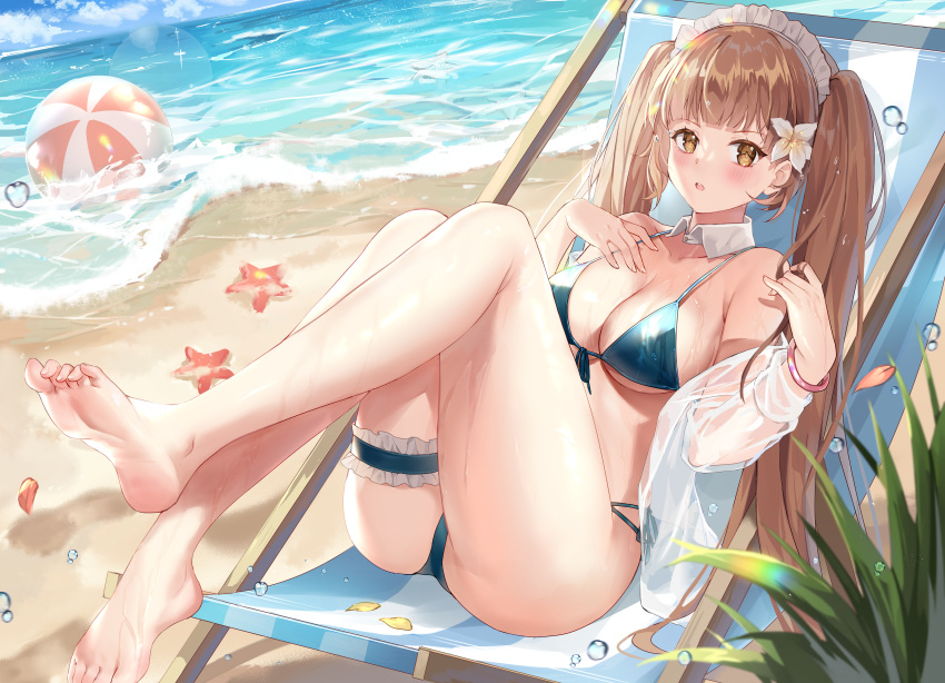 1girl absurdres armpit_crease ass ball bare_shoulders barefoot beach beachball bikini blue_bikini breasts brown_eyes brown_hair chair cleavage cover-up deck_chair detached_collar feet front-tie_bikini front-tie_top halterneck hands_up highres hortensia_saga hum_(ten_ten) large_breasts legs_up long_hair looking_at_viewer lying multi-strapped_bikini ocean off_shoulder on_back open_clothes open_shirt parted_lips reclining see-through shirt side-tie_bikini solo string_bikini swimsuit thigh_strap thighs twintails very_long_hair water wet white_shirt