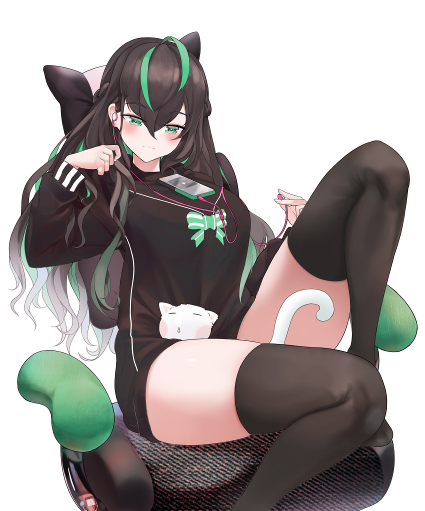 1girl absurdres antenna_hair bangs black_hair black_jacket black_legwear breasts cat chair closed_mouth earbuds earphones gaming_chair green_eyes green_hair hair_between_eyes highres holding in_chair jacket knee_up long_hair long_sleeves looking_at_viewer multicolored_hair nijisanji nijisanji_kr object_on_breast phone shin_yuya simple_background sitting solo tawawa_challenge thighhighs thighs two-tone_hair user_wndf7474 virtual_youtuber white_background