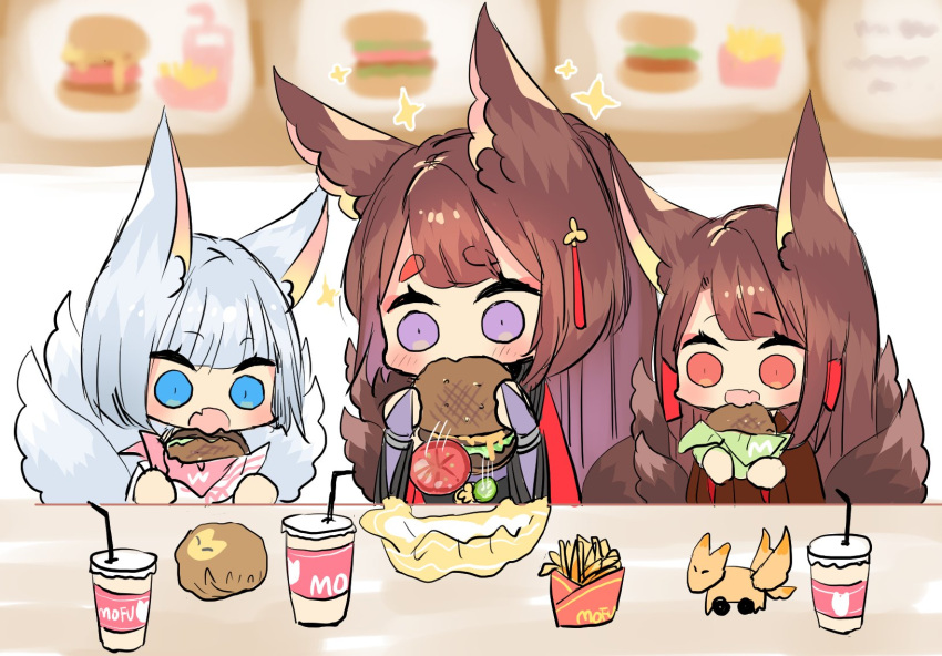 3girls akagi_(azur_lane) amagi_(azur_lane) animal_ears azur_lane bangs blue_eyes blunt_bangs blurry brown_hair commentary_request depth_of_field drinking_straw eating eyebrows_visible_through_hair fang food fox_ears fox_girl fox_tail french_fries hair_ornament hamburger highres holding japanese_clothes kaga_(azur_lane) kyuubi long_hair looking_at_viewer menu_board multiple_girls multiple_tails open_mouth purple_eyes putimaxi red_eyes sidelocks soft_drink sparkle tail thick_eyebrows toy white_hair wide_sleeves