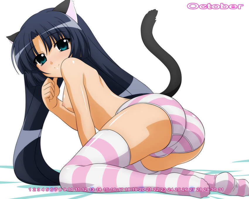 1280x1024 animal_ears ass blue_eyes blush breasts calendar cameltoe cat_ears cat_tail catgirl elizabetta fushigiboshi_no_futago_hime long_hair nekomimi nipples panties pink_panties purple_hair pussy striped striped_legwear striped_panties striped_thighhighs sugimura_tomokazu tail thighhighs topless underwear wallpaper