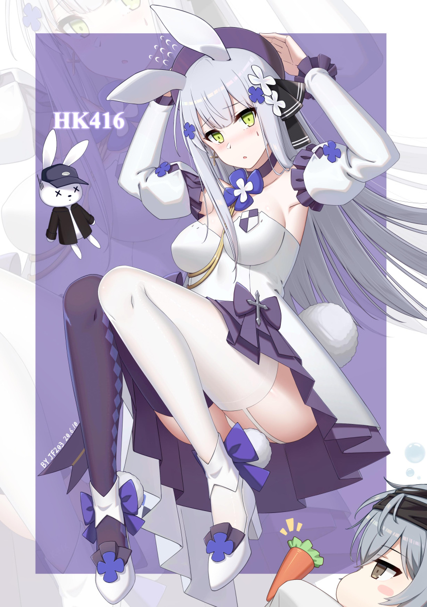 2girls absurdres animal_ears bangs black_ribbon blue_hair blush breasts brown_eyes character_name choker cross dress eyebrows_visible_through_hair fake_animal_ears flower g11_(girls_frontline) garter_straps girls_frontline green_eyes hair_flower hair_ornament hair_ribbon hand_on_headwear high_heels highres hk416_(girls_frontline) holding_carrot jiafei2o3 long_hair looking_at_another looking_at_viewer medium_breasts multicolored multicolored_clothes multicolored_legwear multiple_girls purple_choker ribbon silver_hair simple_background thighhighs thighs white_dress white_footwear