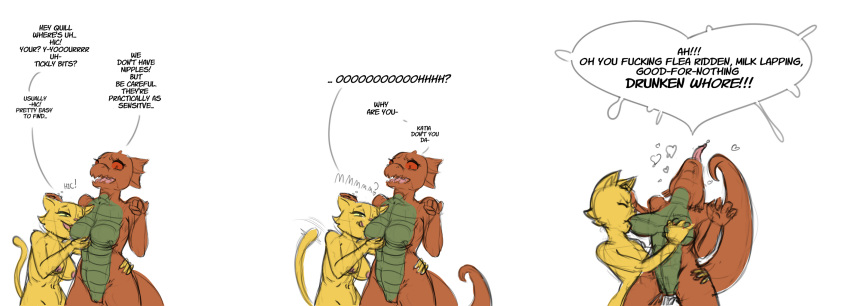 &lt;3 2021 anthro argonian bethesda_softworks bodily_fluids breast_fondling breast_suck breasts comic cum dialogue duo english_text featureless_crotch felid female female/female fondling gardenminttea genital_fluids hand_on_breast hi_res katia_managan khajiit mammal oblivion orgasm prequel profanity quill-weave scalie simple_background sucking text the_elder_scrolls tongue tongue_out video_games webcomic white_background