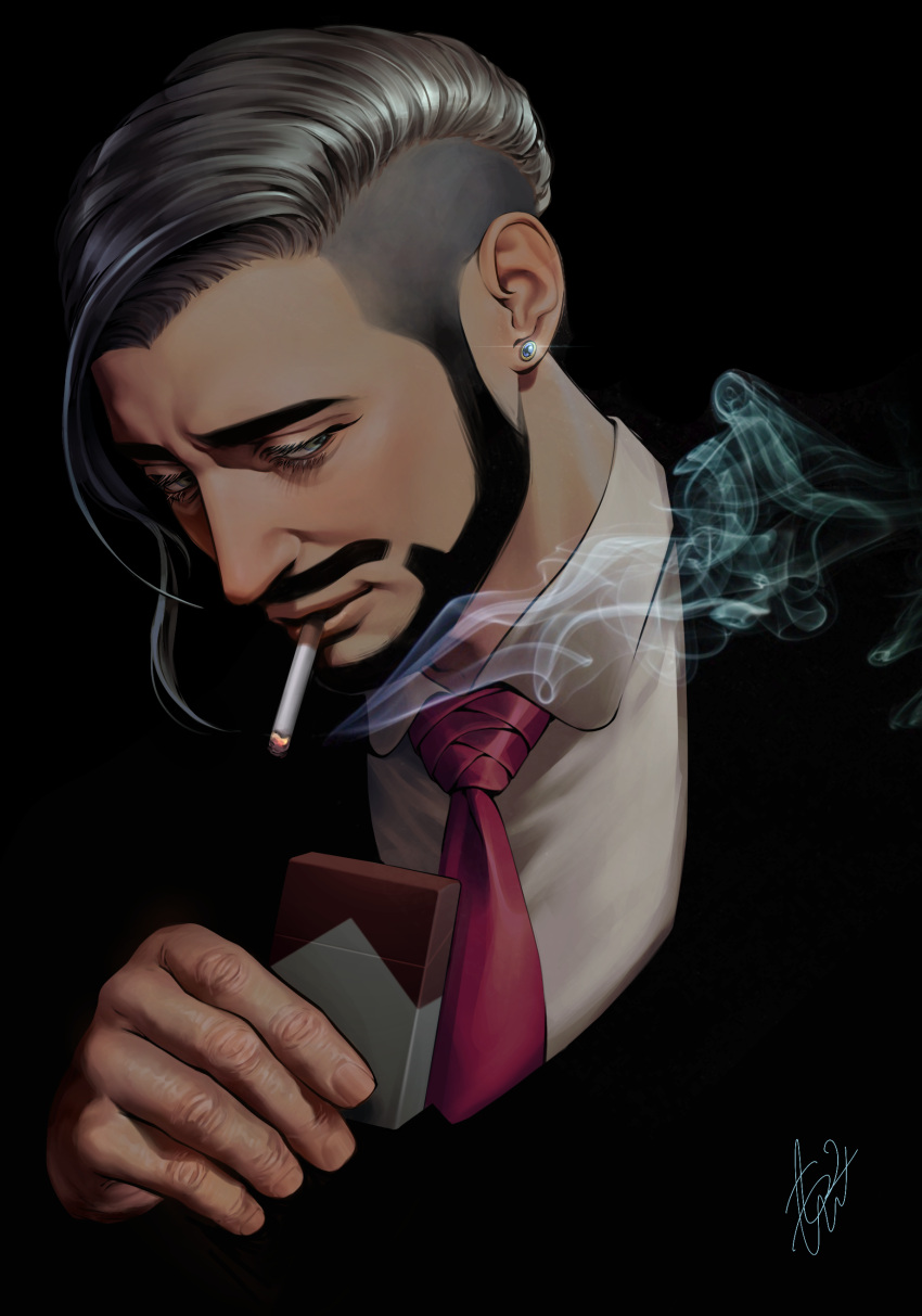 1boy absurdres black_background black_hair black_jacket business_suit cigarette cigarette_pack collared_shirt dark_skin dark_skinned_male earrings facial_hair formal green_eyes hand_up highres jacket jewelry male_focus mature_male mouth_hold necktie pokemon pokemon_(game) pokemon_swsh red_neckwear rose_(pokemon) shirt short_hair signature simple_background smoke smoking solo suit undercut upper_body waiwai_mura white_shirt