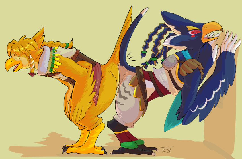 anthro avian beak bird blue_body blue_feathers blush breath_of_the_wild clothing duo feathers hair hi_res link link_(rito_form) male male/male nintendo open_mouth revali rito simple_background species_transformation talons the-coast-is-near the_legend_of_zelda transformation video_games yellow_body