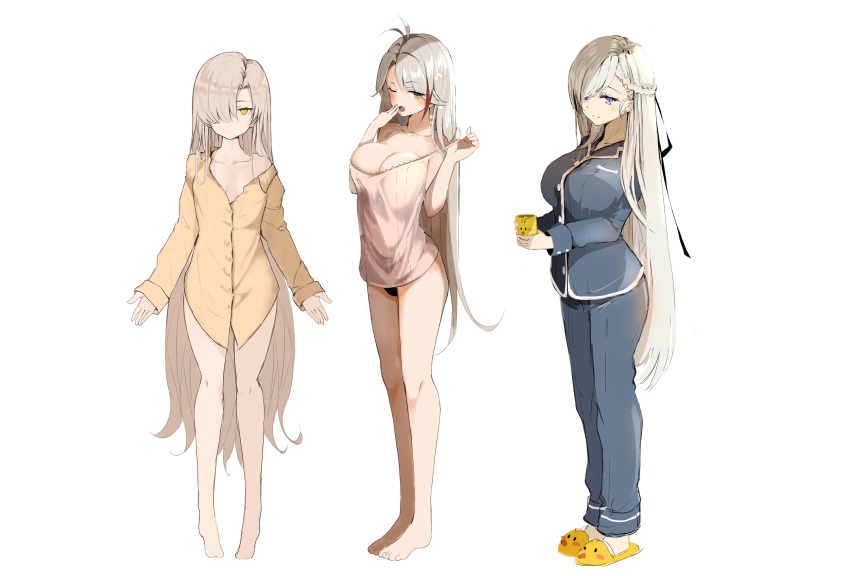 3girls alternate_costume alternate_hairstyle antenna_hair azur_lane bangs belfast_(azur_lane) blue_eyes blue_pajamas bow breasts cleavage collarbone commentary_request contemporary cup eyebrows_visible_through_hair eyes_visible_through_hair full_body hair_bow hair_down hair_over_one_eye hair_ribbon highres holding holding_cup large_breasts long_hair looking_at_viewer mug multicolored_hair multiple_girls no_shoes pajamas pink_pajamas prinz_eugen_(azur_lane) raru_(nanaharararu) ribbon sheffield_(azur_lane) sidelocks silver_hair simple_background slippers two-tone_hair two_side_up white_background white_hair yellow_eyes yellow_pajamas