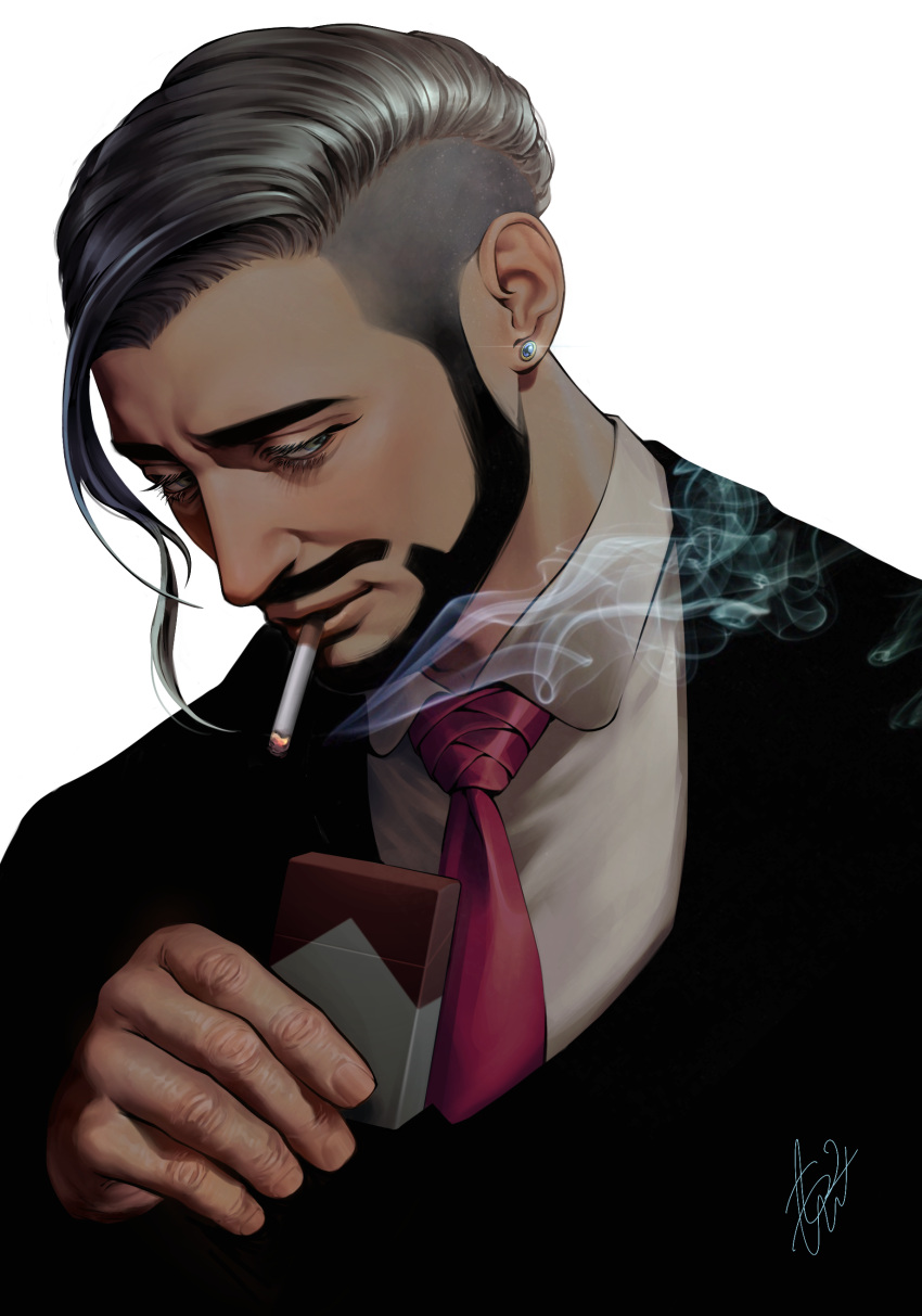 1boy absurdres black_hair black_jacket business_suit cigarette cigarette_pack collared_shirt dark_skin dark_skinned_male earrings facial_hair formal green_eyes hand_up highres jacket jewelry male_focus mature_male mouth_hold necktie pokemon pokemon_(game) pokemon_swsh red_neckwear rose_(pokemon) shirt short_hair signature simple_background smoke smoking solo suit undercut upper_body waiwai_mura white_background white_shirt