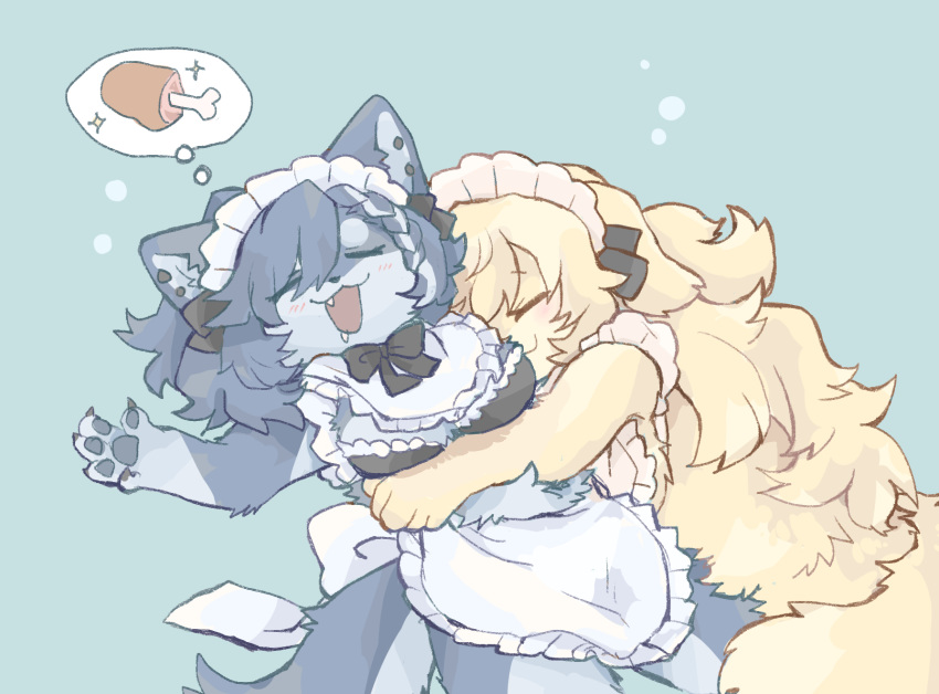 2021 4_fingers anthro blonde_hair bodily_fluids canid canine canis clothing cuddling daww dream drooling duo eyes_closed female fingers food fur grey_body grey_fur grey_hair hair hi_res kemonngo kemono long_hair maid_uniform mammal open_mouth open_smile pawpads saliva simple_background sleeping smile tan_body tan_fur uniform wolf