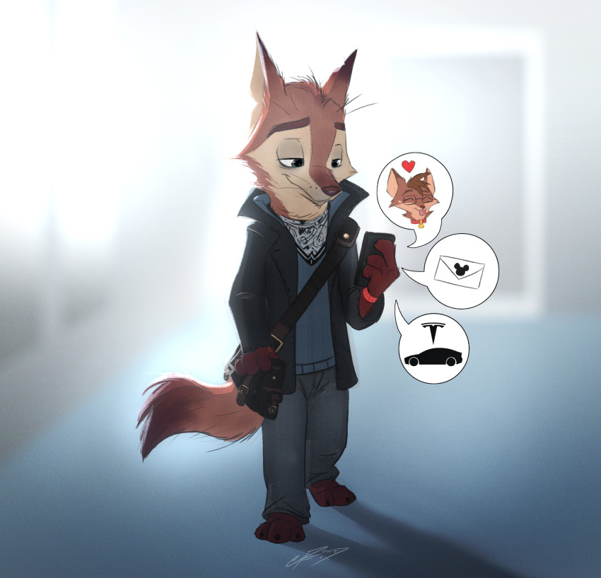 2021 absurd_res anthro barefoot bottomwear canid canine cellphone clothed clothing dipstick_ears dipstick_tail feet fox fully_clothed fur hi_res holding_cellphone holding_object holding_phone male mammal multicolored_ears multicolored_tail notched_ear pants phone pointedfox pointedfox_(character) simple_background solo tuft