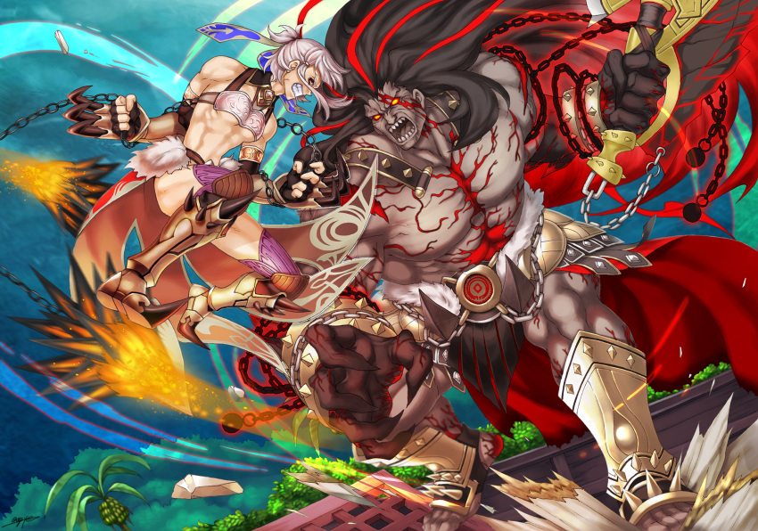 1boy 1girl angry armor armored_boots berserker_rage black_hair black_sclera boots breastplate breasts chain claw_(weapon) clenched_hand clenched_teeth colored_sclera detached_collar elbow_gloves fate/grand_order fate_(series) fighting fingerless_gloves flail flying fur gloves glowing glowing_eyes greaves heracles_(fate) highres long_hair looking_at_another muscular muscular_female muscular_male open_mouth outdoors palm_tree penthesilea_(fate) ponytail sharp_teeth shirtless short_hair sidelocks signature sloth_g_ya spikes studded_bracelet teeth thighhighs tree underboob weapon white_hair