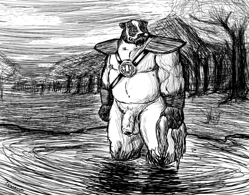 2013 anthro badger balls caesarcub flaccid genitals humanoid_genitalia humanoid_hands humanoid_penis lake male mammal monochrome musclegut mustelid musteline outside overweight overweight_anthro overweight_male penis solo water