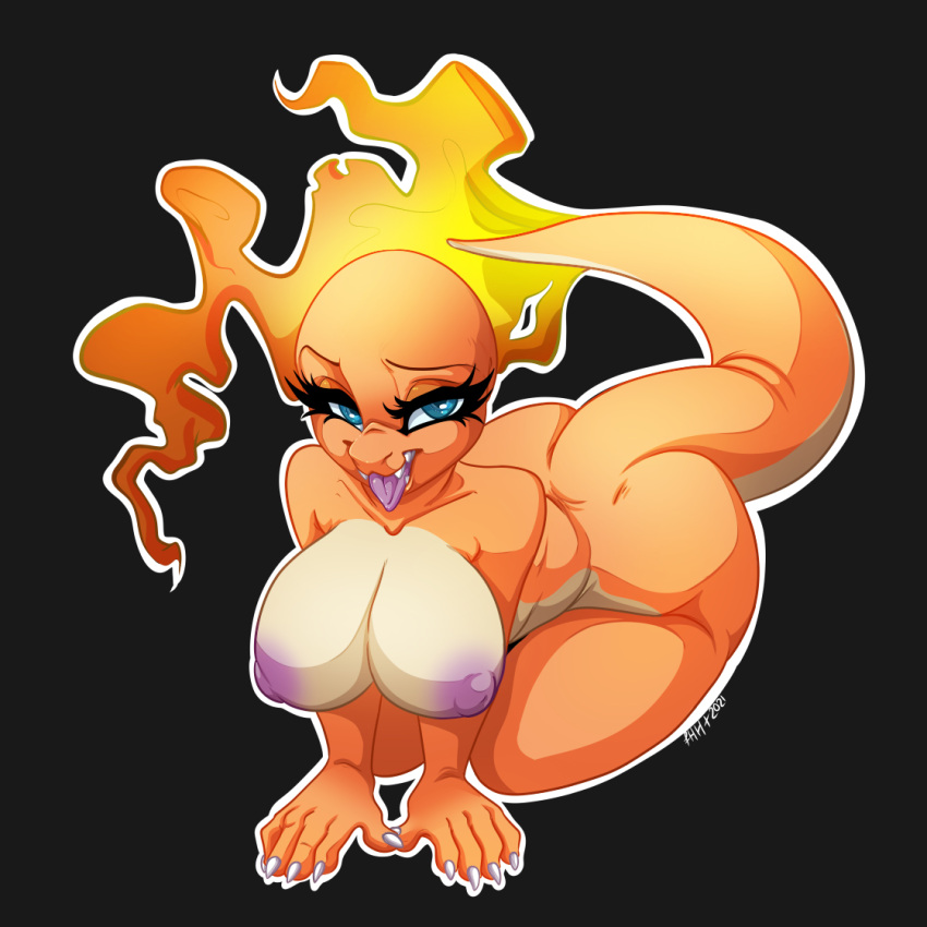 1:1 2021 5_fingers anthro areola black_background blue_eyes breasts charmander digital_media_(artwork) eyebrows eyelashes female fingers fire flaming_tail furkinghell nintendo nipples non-mammal_breasts pok&eacute;mon pok&eacute;mon_(species) simple_background smile solo tongue tongue_out video_games