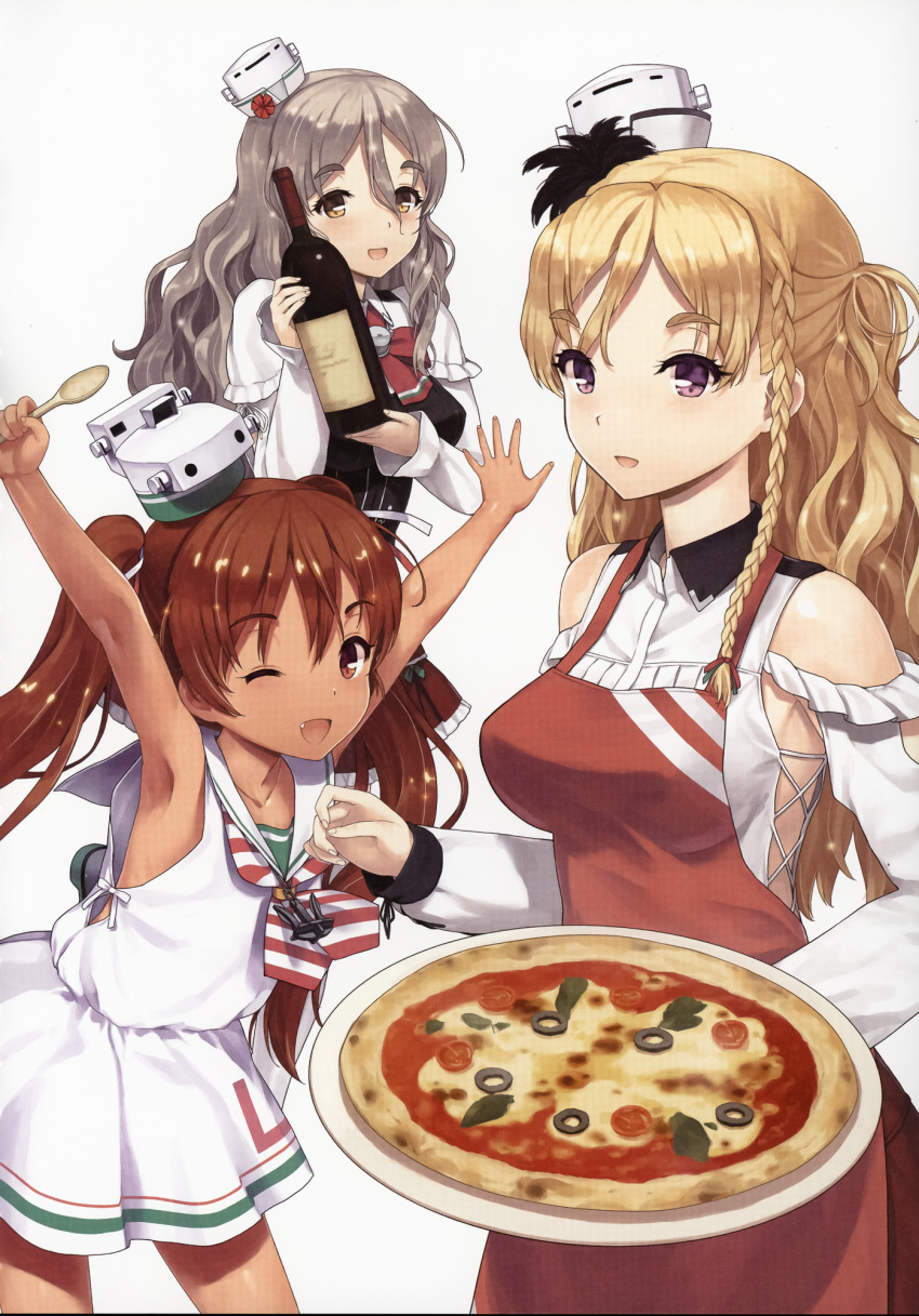 3girls ;d apron armpits arms_up bare_shoulders blonde_hair bottle braid breasts brown_eyes brown_hair corset dark_skin dark_skinned_female dress fang food french_braid grey_hair hair_ribbon hat highres holding holding_food holding_pizza jiji kantai_collection large_breasts libeccio_(kancolle) long_hair looking_at_viewer mini_hat multiple_girls official_art one_eye_closed open_mouth pizza pola_(kancolle) purple_eyes remodel_(kantai_collection) ribbon sailor_dress shirt sideboob silver_hair skirt sleeveless smile spoon tan tilted_headwear twintails wavy_hair white_shirt white_skirt wine_bottle yellow_eyes zara_(kancolle)