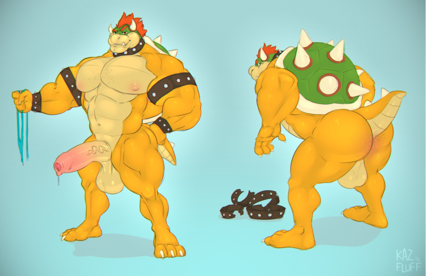 3_toes 5_fingers anthro armband backsack balls biceps bodily_fluids body_hair bowser butt_hair chest_hair claws collar dripping feet finger_claws fingers foreskin front_view genital_fluids genitals hair holding_object horn humanoid_genitalia humanoid_penis kazushi koopa looking_back male mario_bros mostly_nude multiple_poses muscular muscular_anthro muscular_male nintendo nipples nude pecs penis plantigrade pose precum precum_drip rear_view red_eyes red_hair scales scalie shell simple_background solo spiked_shell spikes spikes_(anatomy) tan_body tan_scales toe_claws toes uncut video_games wristband yellow_body