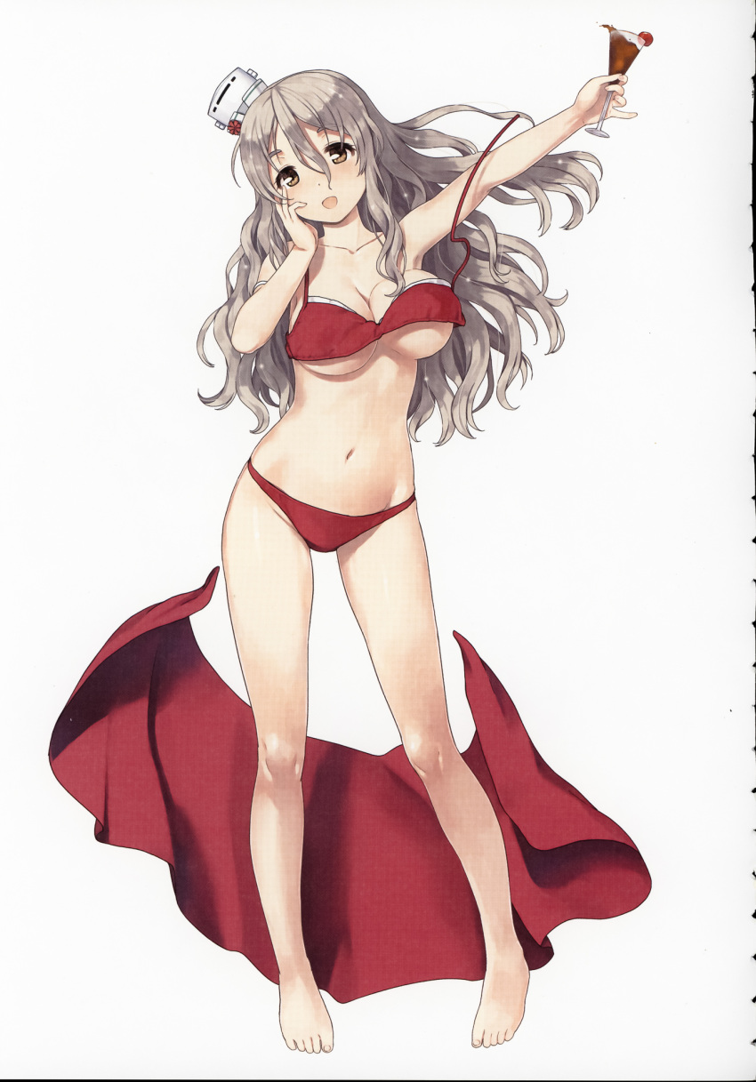 1girl bangs barefoot bikini bikini_bottom breasts brown_eyes cleavage cup drinking_glass eyebrows_visible_through_hair full_body grey_hair hair_between_eyes highres holding holding_cup jiji kantai_collection large_breasts light_brown_hair long_hair navel official_art open_mouth pola_(kancolle) red_background red_bikini red_towel scan scan_artifacts solo stomach string_bikini swimsuit untied untied_bikini wavy_hair white_background wine_glass